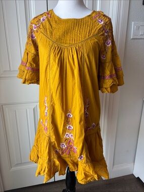 Free People 🩷 Mustard Yellow Embroidered Ruffle Dress